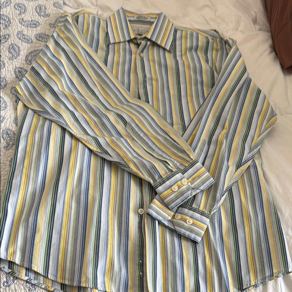Casual Yellow and Blue Button Down Shirt with Vertical Stripes